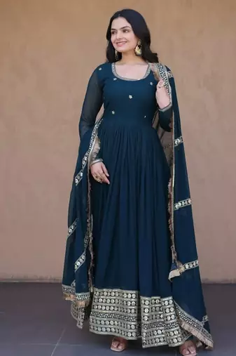 Rama Blue sequins & zari embroidered gown with dupatta