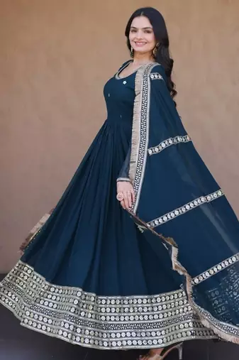 Rama Blue sequins & zari embroidered gown with dupatta