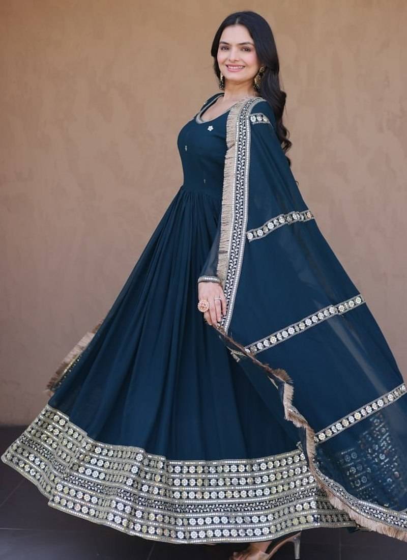 Rama Blue sequins & zari embroidered gown with dupatta
