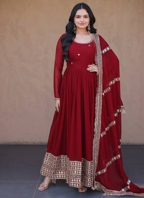 Maroon sequins & zari embroidered gown with dupatta 1