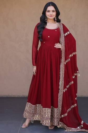 Maroon sequins & zari embroidered gown with dupatta