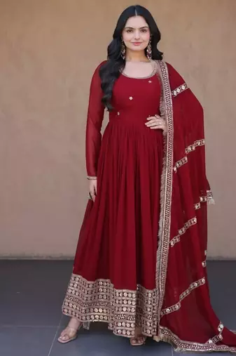 Maroon sequins & zari embroidered gown with dupatta