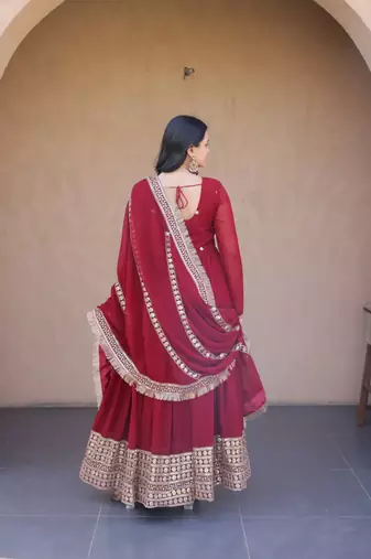 Maroon sequins & zari embroidered gown with dupatta
