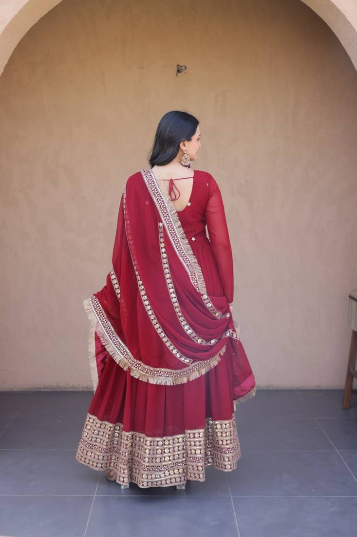 Maroon sequins & zari embroidered gown with dupatta