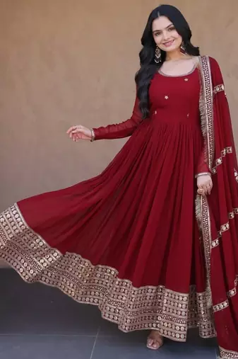 Maroon sequins & zari embroidered gown with dupatta