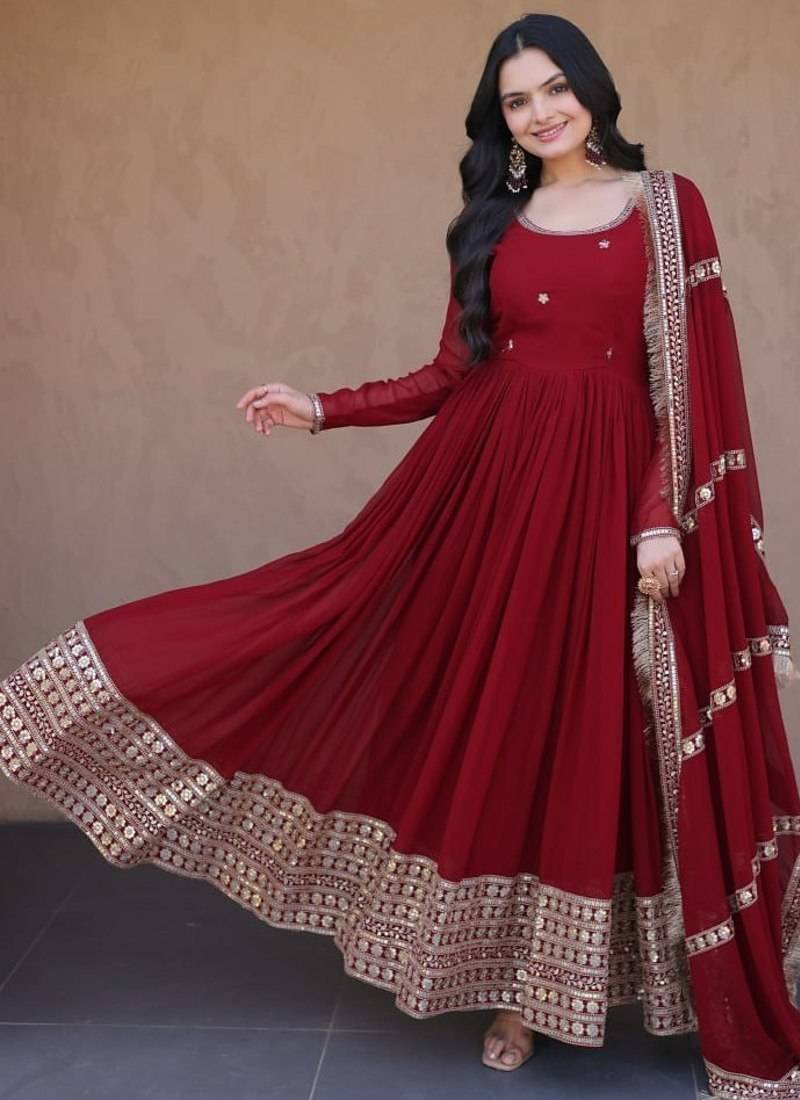 Maroon sequins & zari embroidered gown with dupatta