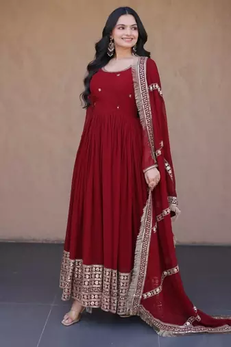 Maroon sequins & zari embroidered gown with dupatta