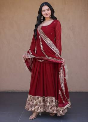 Maroon sequins & zari embroidered gown with dupatta 5