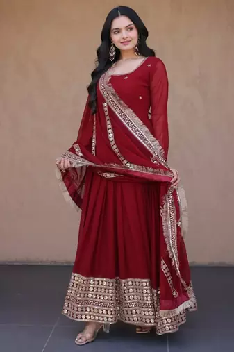 Maroon sequins & zari embroidered gown with dupatta
