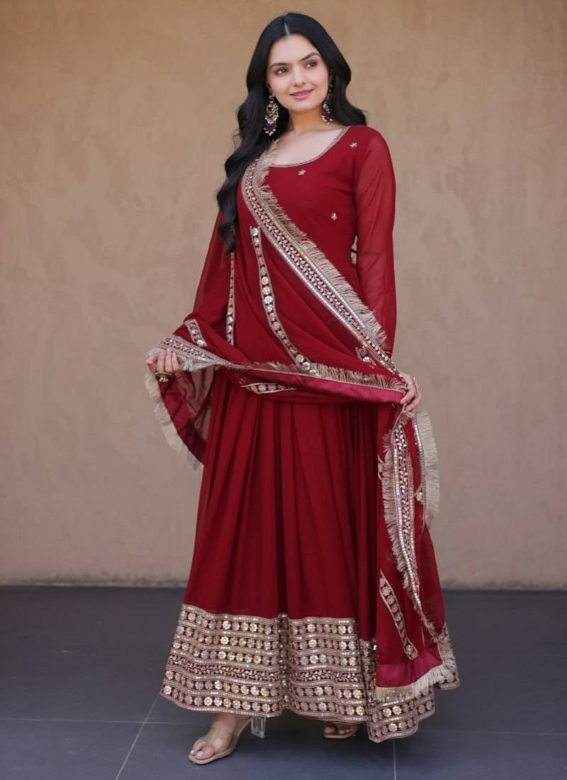 Maroon sequins & zari embroidered gown with dupatta