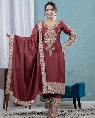 Maroon heavy embroidered chinon kurta set 1