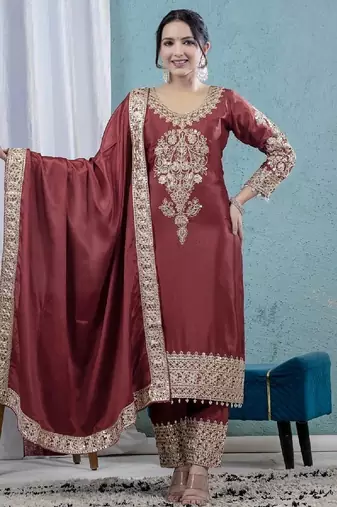 Maroon heavy embroidered chinon kurta set