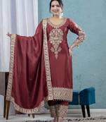 Maroon heavy embroidered chinon kurta set