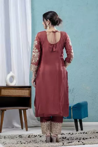 Maroon heavy embroidered chinon kurta set