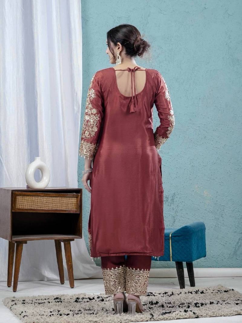 Maroon heavy embroidered chinon kurta set