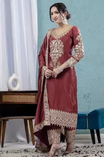 Maroon heavy embroidered chinon kurta set