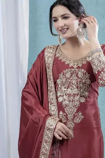 Maroon heavy embroidered chinon kurta set