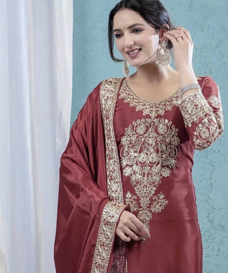 Maroon heavy embroidered chinon kurta set