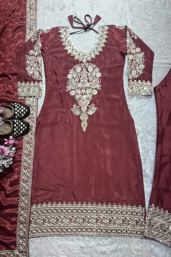 Maroon heavy embroidered chinon kurta set