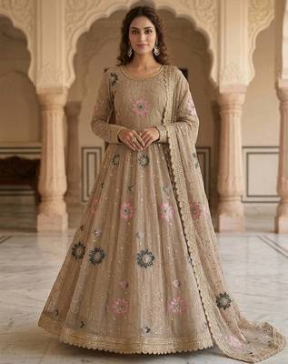 Beige luxury stone embroidered rangoli crush anarkali set 1