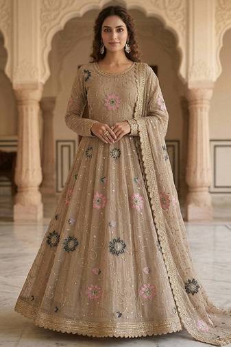 Beige luxury stone embroidered rangoli crush anarkali set