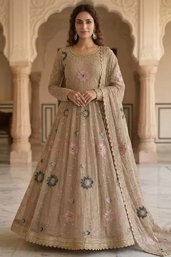 Beige luxury stone embroidered rangoli crush anarkali set