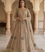 Beige luxury stone embroidered rangoli crush anarkali set