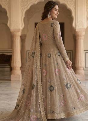 Beige luxury stone embroidered rangoli crush anarkali set 2