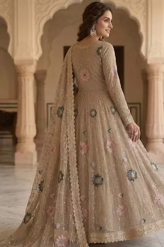 Beige luxury stone embroidered rangoli crush anarkali set