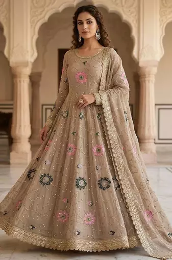 Beige luxury stone embroidered rangoli crush anarkali set