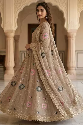 Beige luxury stone embroidered rangoli crush anarkali set