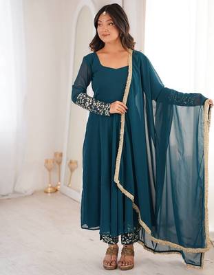 Teal blue sequins embroidered georgette gown with pant & dupatta 1
