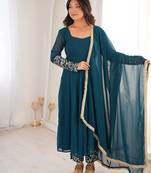 Teal blue sequins embroidered georgette gown with pant & dupatta