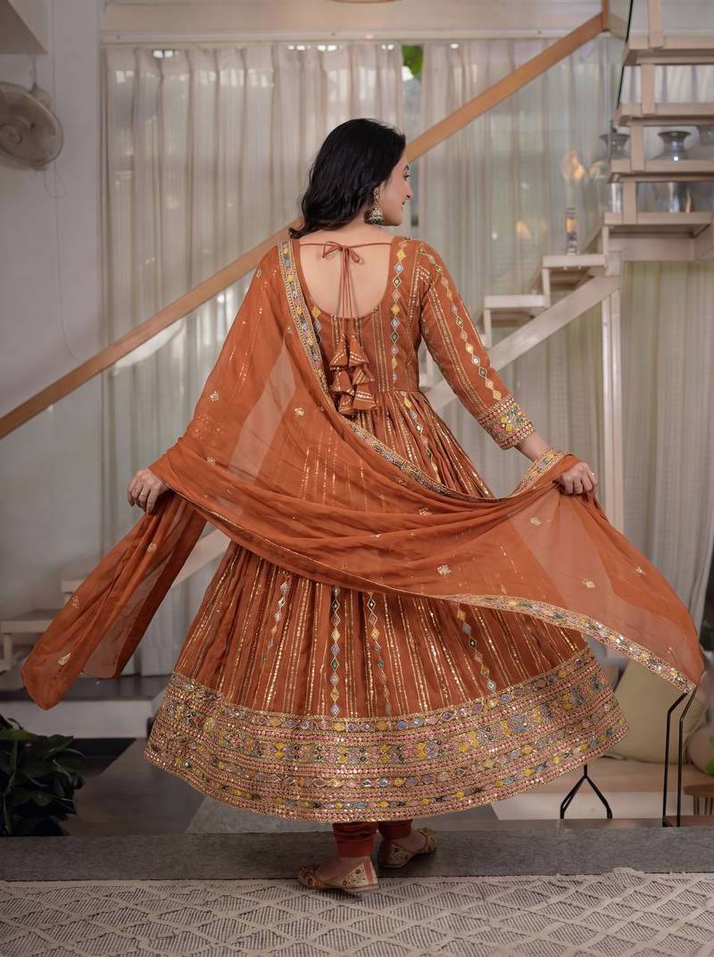 Orange sequins embroidered anarkali set