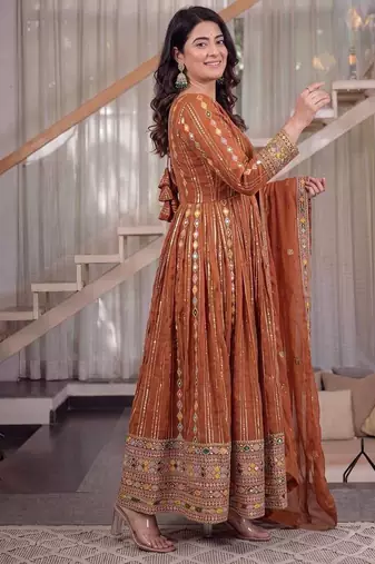 Orange sequins embroidered anarkali set