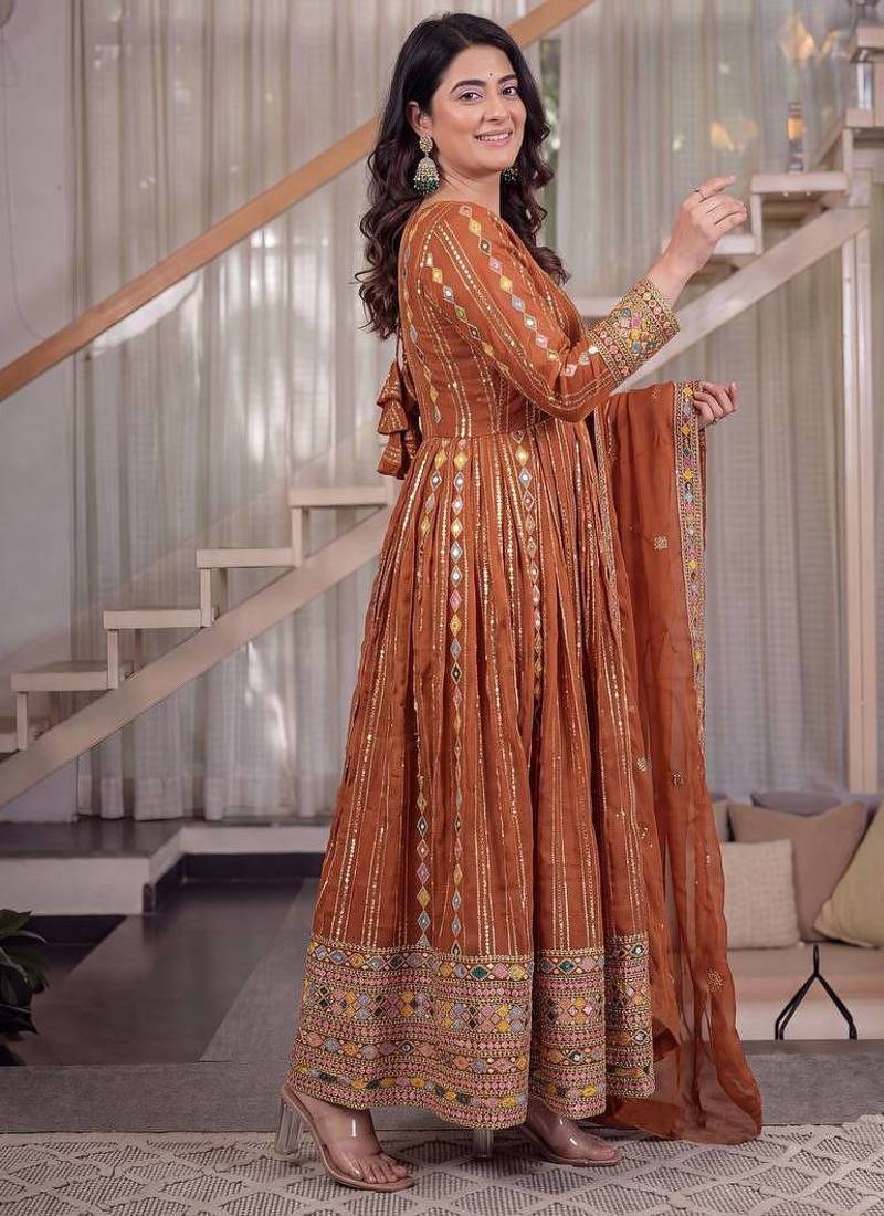 Orange sequins embroidered anarkali set