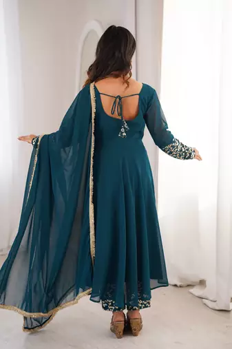 Teal blue sequins embroidered georgette gown with pant & dupatta