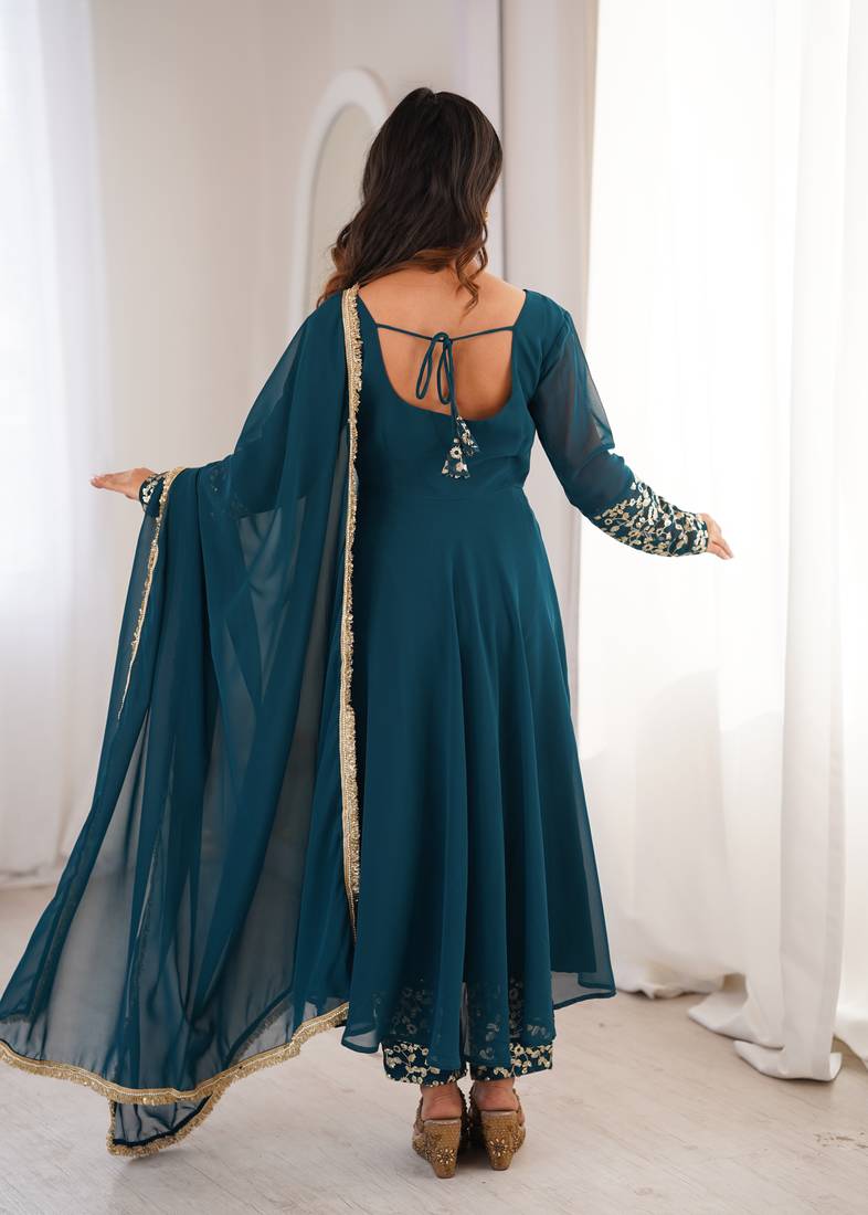 Teal blue sequins embroidered georgette gown with pant & dupatta