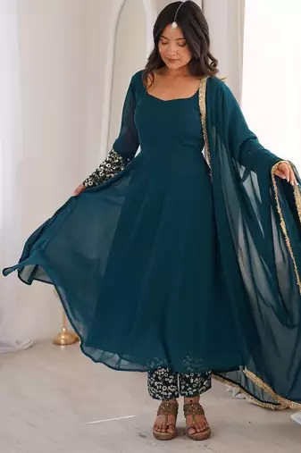 Teal blue sequins embroidered georgette gown with pant & dupatta