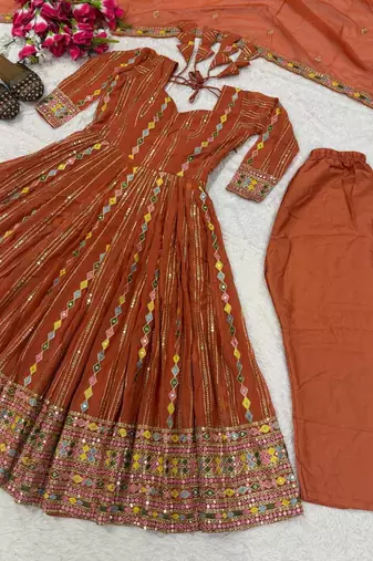 Orange sequins embroidered anarkali set