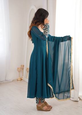 Teal blue sequins embroidered georgette gown with pant & dupatta 4