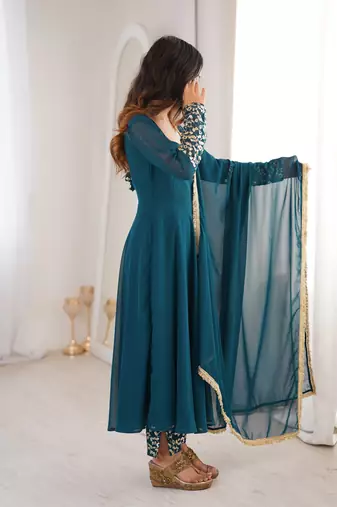 Teal blue sequins embroidered georgette gown with pant & dupatta