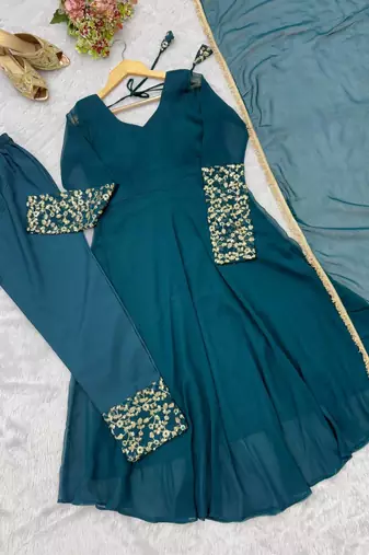 Teal blue sequins embroidered georgette gown with pant & dupatta