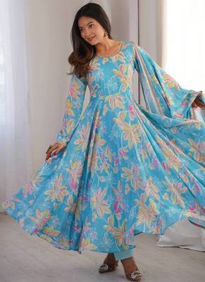Sky blue printed muslin gown with pant & dupatta 1