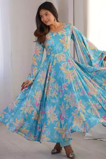 Sky blue printed muslin gown with pant & dupatta