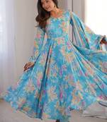 Sky blue printed muslin gown with pant & dupatta