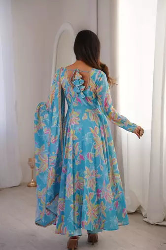Sky blue printed muslin gown with pant & dupatta