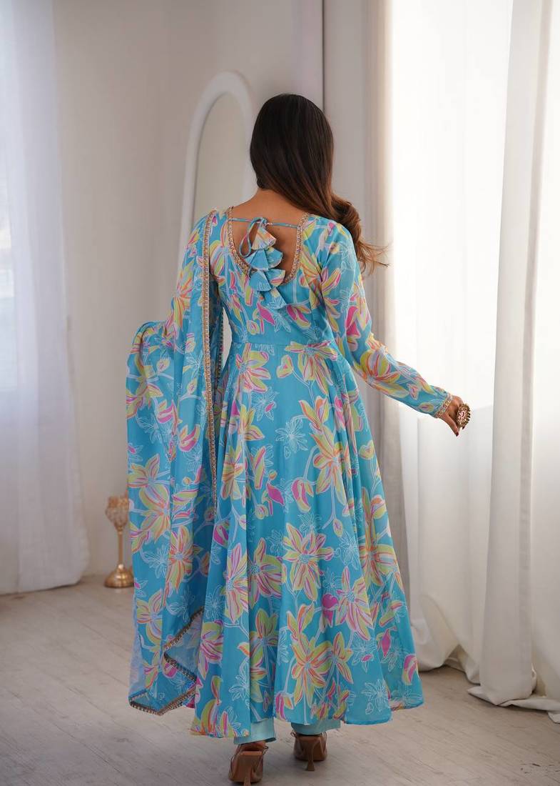 Sky blue printed muslin gown with pant & dupatta
