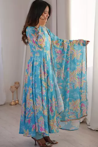 Sky blue printed muslin gown with pant & dupatta