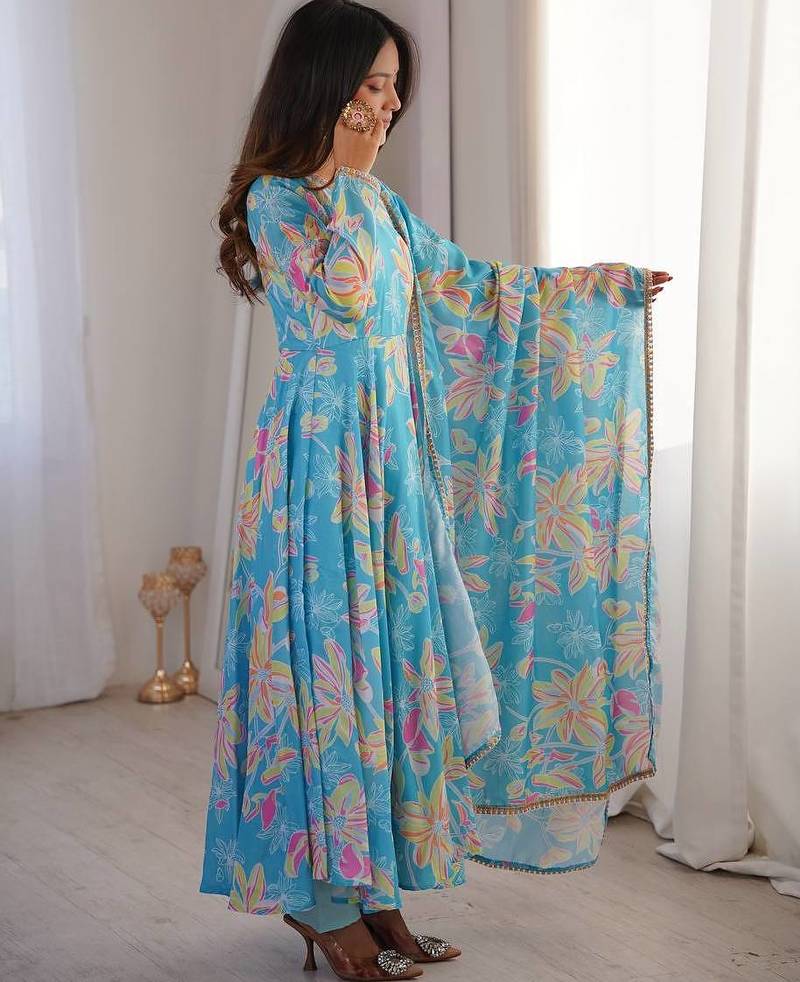 Sky blue printed muslin gown with pant & dupatta